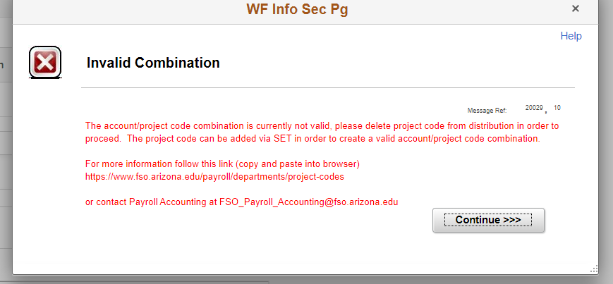 Invalid Account/Project Code error message
